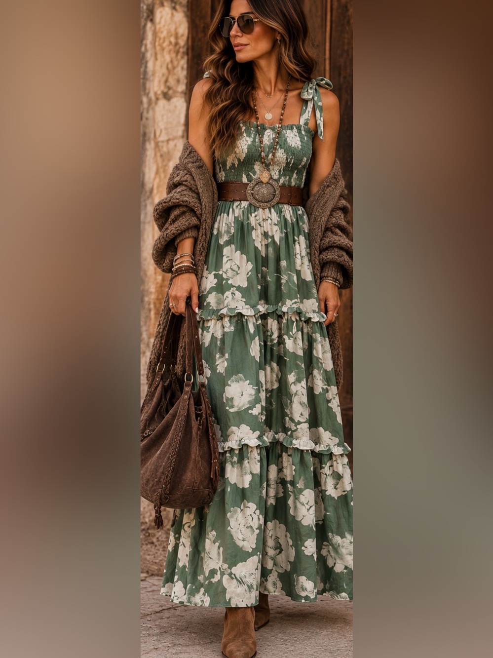 NWT Entro Green Floral Tiered Maxi dress Women's